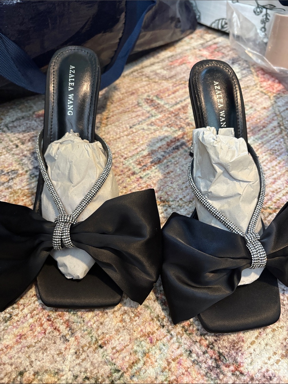 Azalea Wang Black Satin Bow Slide Heels with Crystal Trim